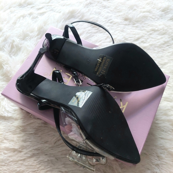 Kayleen LA Rhinestone Bow Heels Black Pointed Toe Slingback Sandals Size 7.5 NIB - Picture 4 of 9